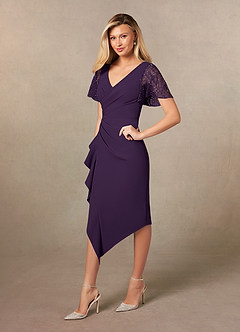 Azazie Eloise Mother of the Bride Dresses Plum Sheath Pleated Stretch Crepe Dress image3
