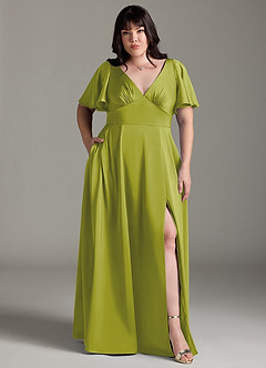 Azazie Kimber Bridesmaid Dresses Lemongrass A-Line Ruched Stretch Satin Dress image7