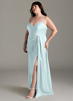 Azazie Brielle Bridesmaid Dresses Sea Glass A-Line Cowl Spaghetti Straps Stretch Satin Dress image10