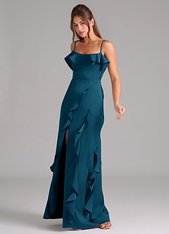 Azazie Malia Bridesmaid Dresses Ink Blue A-Line Side Slit Stretch Satin Dress image4