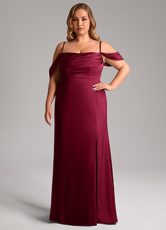 Azazie Saige Vestidos de damas de honor Vestido de Borgoña de Satén Elástico de Corte Recto con Vestidos sin tirantes image15