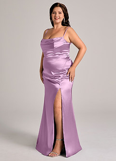 Azazie Saige Bridesmaid Dresses Wisteria Sheath Off the Shoulder Metallic Satin Convertible Dress image13