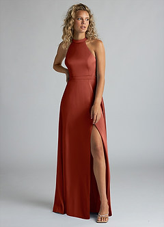 Azazie Clarice Brautjungfernkleider A-Linie Hoher Kragen Stretch-Satin Kleid Terrakotta image5