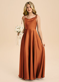 Azazie Popsy Junior Cinnamon A-Line Bow Stretch Satin Dress image5