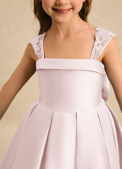 Azazie Genie Flower Girl Dresses Blushing Pink Ball-Gown Off the Shoulder Matte Satin Dress image4