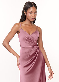Azazie Maci Robes de demoiselle d'honneur Robe Trapèze en Satin extensible Col V plissé Mauve Vintage image5