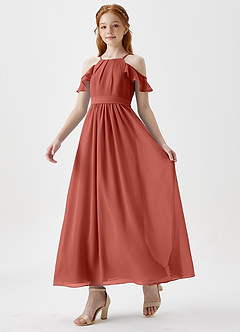 Azazie Chaya Junior Terracotta A-Line Off the Shoulder Chiffon Dress image5