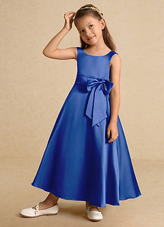 Azazie Lindy vestidos de niña de las flores Vestido de Azul Real de Satin Mate de Corte En A con Plisado image4