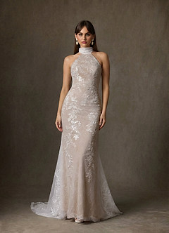 Azazie Kaiyana Abiti da Sposa Abito Tubino in Pizzo Collo Alto Diamante Bianco Nudo image4