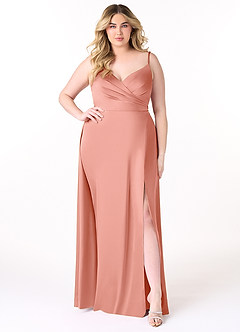 Azazie Dalilah Bridesmaid Dresses Coral A-Line V-Neck Pleated Stretch Satin Dress image6