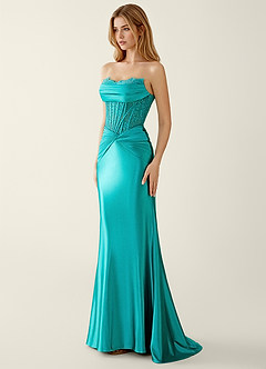 Sasha Peacock Blue Satin Wrap Corset Mermaid Prom Dress image4