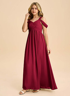 Azazie Lianne Junior Burgundy A-Line Off the Shoulder Chiffon Dress image6