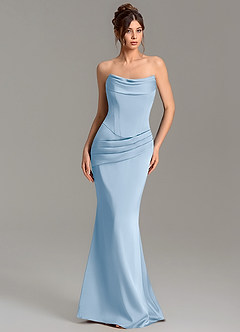 Azazie Adrienne Vestidos de damas de honor Vestido Azul Pálido de Satén Elástico de Corte Sirena Convertible con Corsé image1
