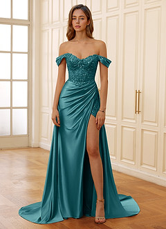Rowane Peacock Blue Corset Rhinestone Sheer Lace Prom Dress image4
