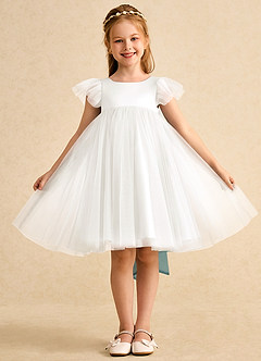 Azazie Munchkin Abiti da Ragazza di Fiori Abito A-Line in Tulle Fiocco Avorio Blu Inchiostro image2