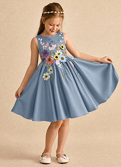 Azazie Prima Flower Girl Dresses Dusty Blue A-Line Bow Matte Satin Dress image3