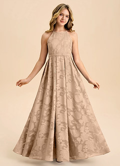 Azazie Arianthe Junior Abito A-Line in Floral Burnout Plissettato Champagne image1