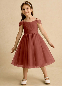 Azazie Lila Girls Formal Robe Demoiselle D'honneur Fillette Robe Trapèze en Tulle Épaule décolletée Auburn image3