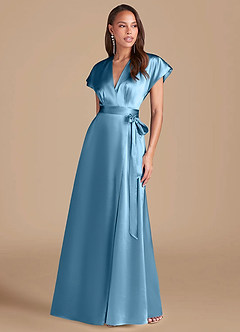 Azazie Nico Bridesmaid Dresses Steel Blue A-Line Pleated Metallic Satin Dress image1