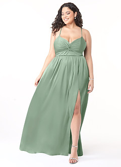 Azazie Raya Schlussverkauf A-Linie V-Hals Gefaltet Stretch-Satin Kleid Agave image7