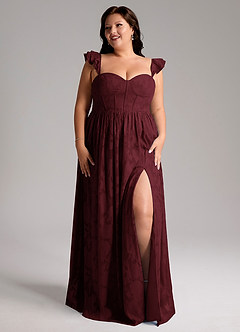 Azazie Denisse Bridesmaid Dresses Cabernet A-Line Ruched Floral Burnout Dress image9