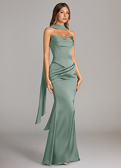 Azazie Sorrel Brautjungfernkleider Wandelbar Meerjungfrau-Linie Schulterfrei Stretch-Satin Kleid Silberner Salbei image4