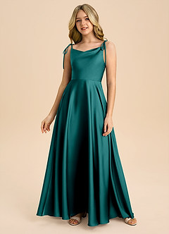 Azazie Popsy Junior Peacock A-Line Bow Stretch Satin Dress image3