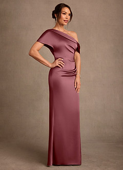 Azazie Rutha vestidos de madre de la novia Vestido de Rosa Del Desierto de Satén Elástico de Corte Recto con Hombro unilateral image3