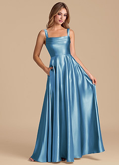 Azazie Shaude 신부 들러리 드레스 A라인 주름진 메탈릭 새틴 바닥 길이 드레스 image3