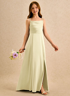 Azazie Chamomile Girls Formal Robe Demoiselle D'honneur Fillette Robe Trapèze en Satin extensible Plissée Sorbet Citron image2