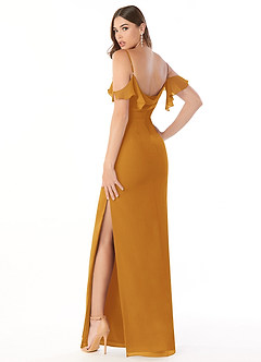 Azazie Emeralda Bridesmaid Dresses Butterscotch Sheath Off the Shoulder Chiffon Dress image4