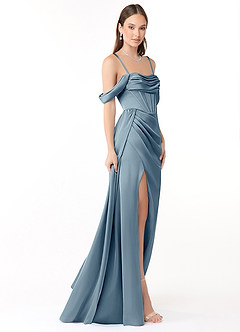 Azazie Amyra Bridesmaid Dresses Dusty Blue Sheath Off the Shoulder Stretch Satin Convertible Dress image7