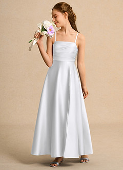 Azazie Pebbles Girl vestidos de niña de las flores Vestido de Blanco de Satin Mate de Corte En A con Plisado image5