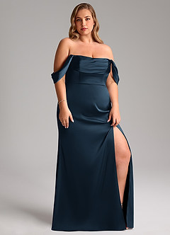 Azazie Saige Vestidos de damas de honor Vestido Azul Marino Oscuro de Satén Elástico de Corte Recto con Hombros descubiertos image14