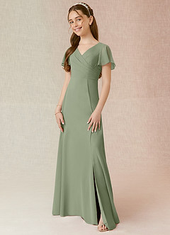 Azazie Induh Junior A라인 러칭 쉬폰 플로어 기장 주니어 브라이즈메이드 드레스 image1