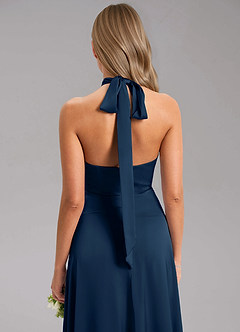 Azazie Tracie Bridesmaid Dresses Dark Navy A-Line Side Slit Stretch Satin Dress image7