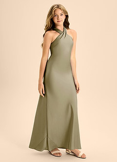 Azazie Doretta Junior Moss Green A-Line Pleated Stretch Satin Dress image6