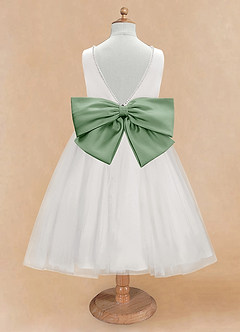 Azazie Seline Blumenmädchenkleider A-Linie Schleifen Tüll Kleid Elfenbein Matcha image7