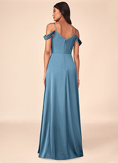 Azazie Ocean Robes de demoiselle d'honneur Robe Trapèze en Satin extensible Col V plissé Acier Bleuté image2