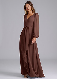 Azazie Liah Bridesmaid Dresses Espresso A-Line Long Sleeve Chiffon Dress image4