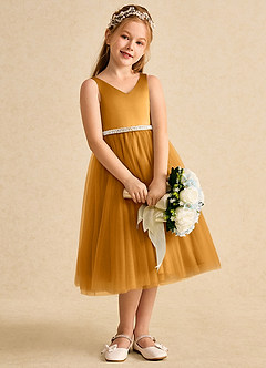 Azazie Firefly Abiti da Ragazza di Fiori Abito A-Line in Raso Opaco Fiocco Caramello image3