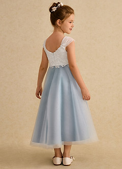 Azazie Momo Flower Girl Dresses Ivory Ink Blue A-Line Lace Dress image2