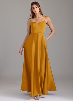 Azazie Marley Bridesmaid Dresses Butterscotch A-Line Off the Shoulder Stretch Satin Convertible Dress image1