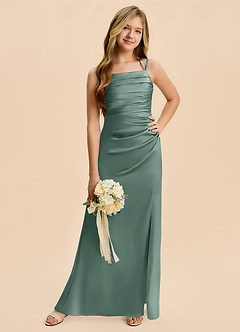 Azazie Nova Junior Eucalyptus A-Line Pleated Stretch Satin Dress image5