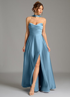 Azazie Ayla Abiti da Damigella Abito A-Line in Raso Elasticizzato Corsetto Blu Acciaio image1