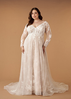 Azazie Leila Wedding Dresses Diamond White Nude A-Line V-Neck Sequins Tulle Dress image7