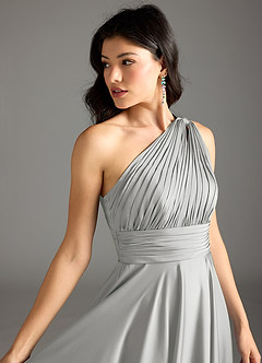 Azazie Charlize Bridesmaid Dresses Silver A-Line One Shoulder Stretch Satin Dress image7