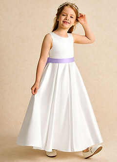 Azazie Cherry Flower Girl Dresses Ivory Lilac Ball-Gown Pleated Matte Satin Dress image5