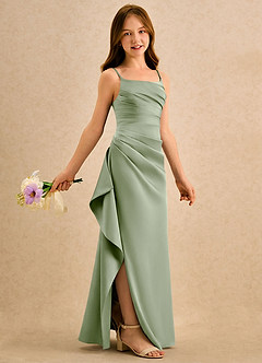 Azazie Cannoli Girls Formal Flower Girl Dresses Dusty Sage A-Line Pleated Stretch Satin Dress image1