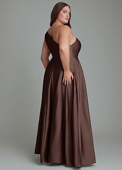 Azazie Melanie Robes de demoiselle d'honneur Robe Trapèze en Satin extensible Épaules dénudées Ganache image8